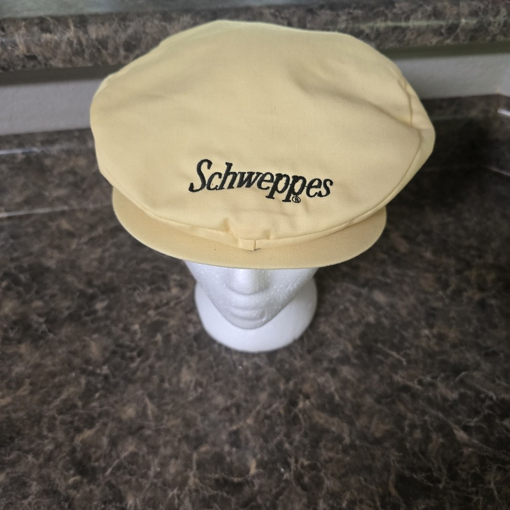 Vtg Schweppes Yellow Newsboy Cabbie Hat Snapback Koza's Custom Caps Large Promo